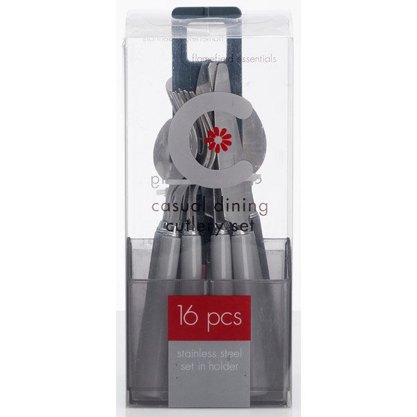 BESTICK 16 DELAR MED HÅLLARE. GRÅ